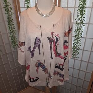Women's Cream Graphic Shoe-Print Blouse